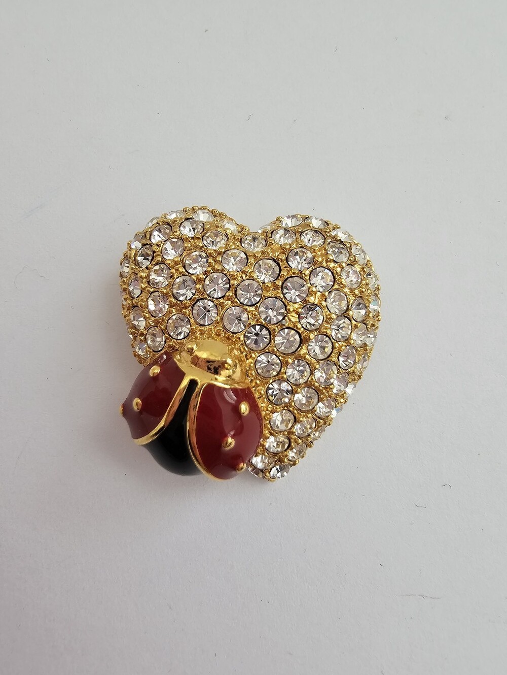Vintage Monet Rhinestone Pave Heart Brooch Enamel Red Ladybug Pin Signed​